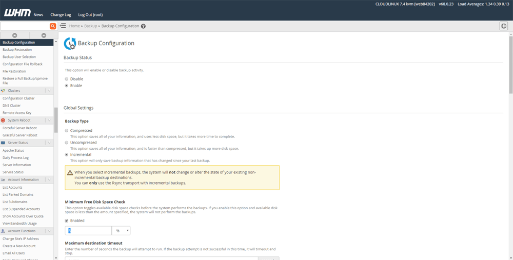 cPanel Incremental Backup screenshot